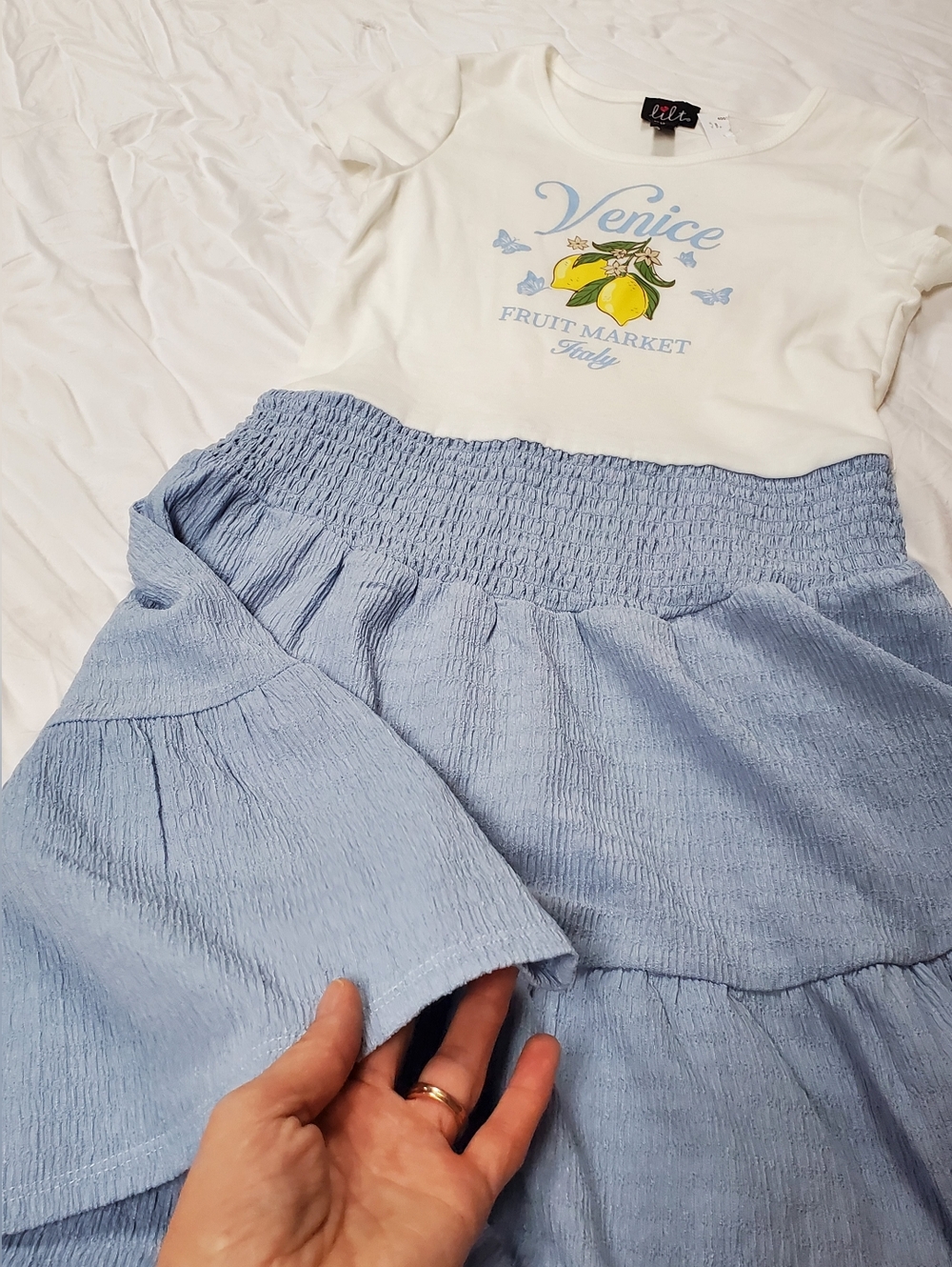 GIRLS 12 Venice Fruit Market Graphic Tee with Light Blue Tiered Skirt Set